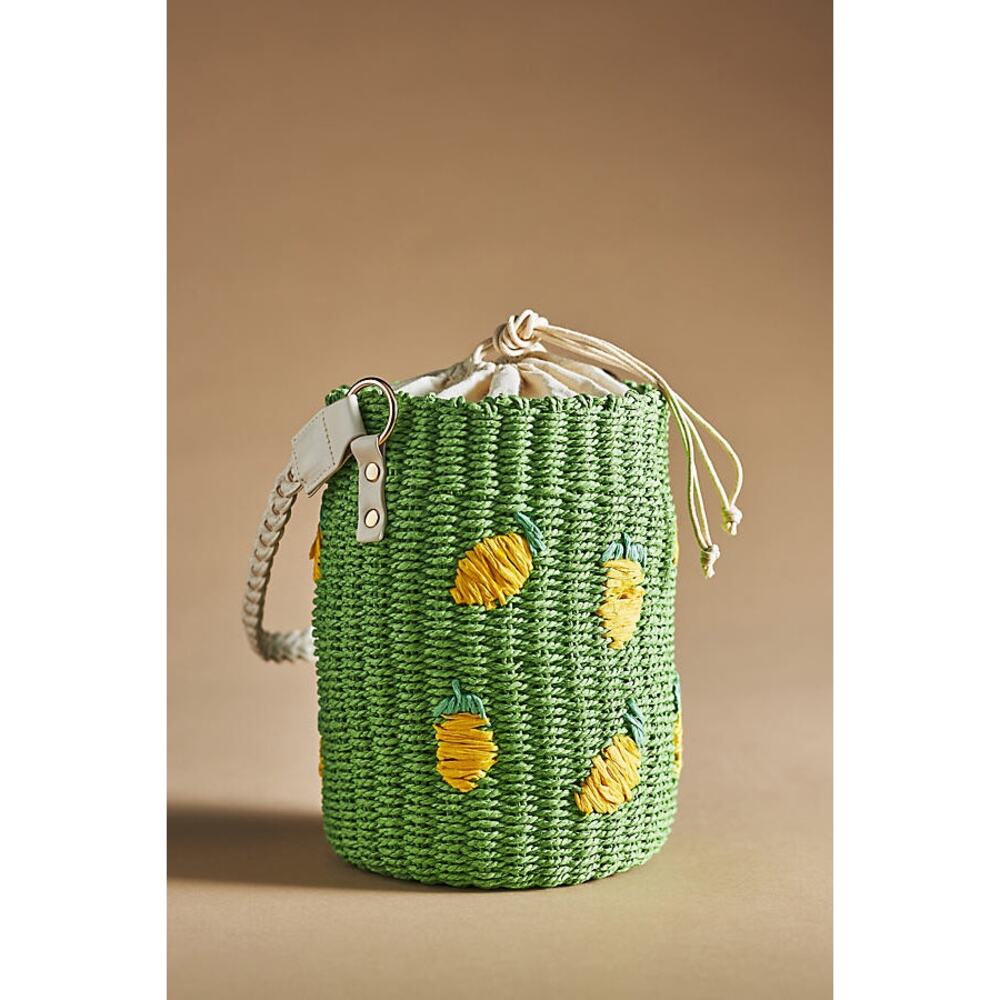 Anthropologie Raffia Green Yellow Lemon‎ Embroidered Beachy Fruit Bucket Bag